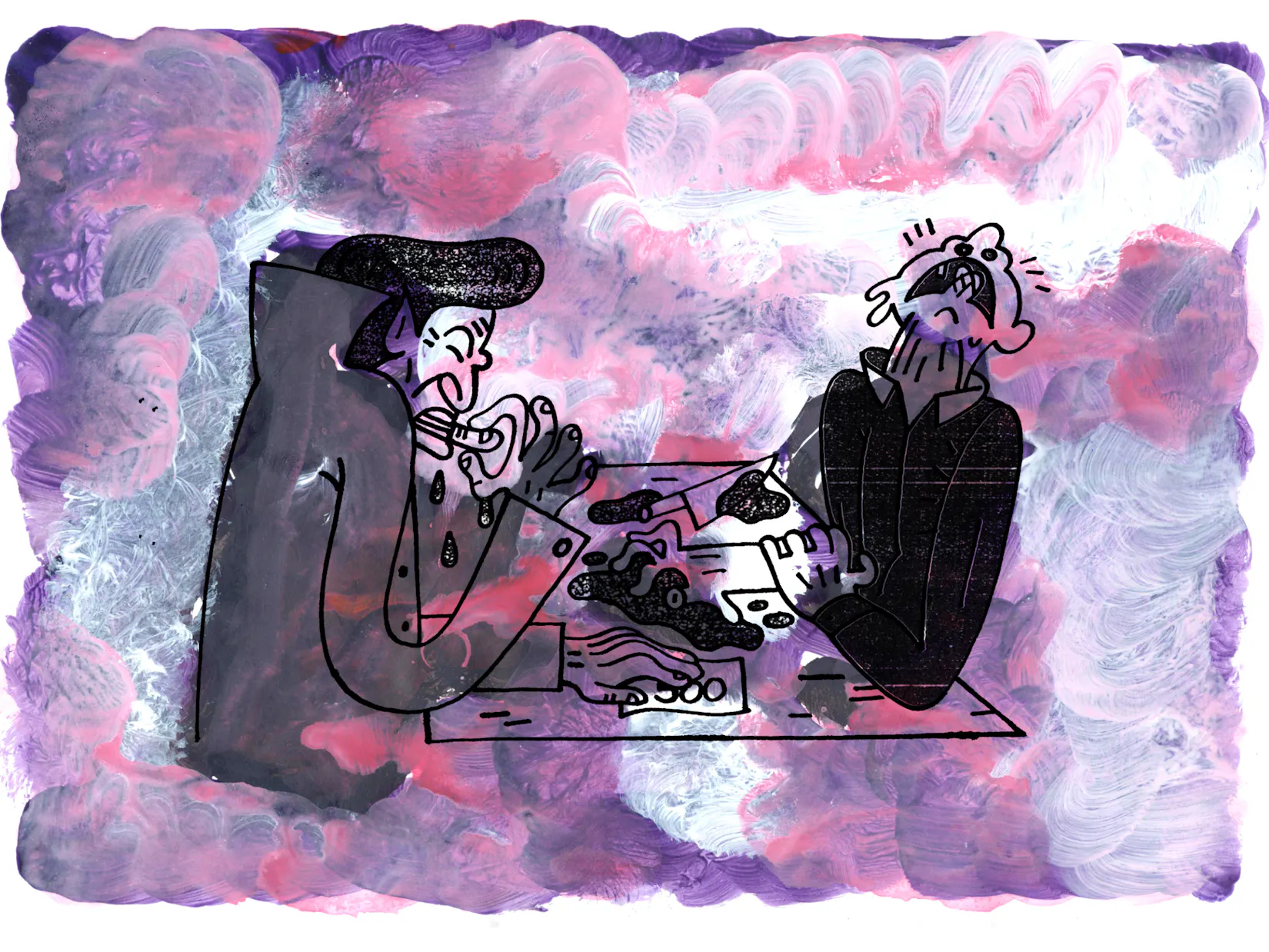 Ilustracija dveh moških, eden je prst drugega, ki kriči od bolečine